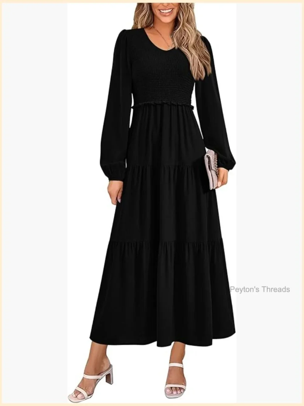 Casual Long Sleeve V Neck Smocked A Line Midi Dress